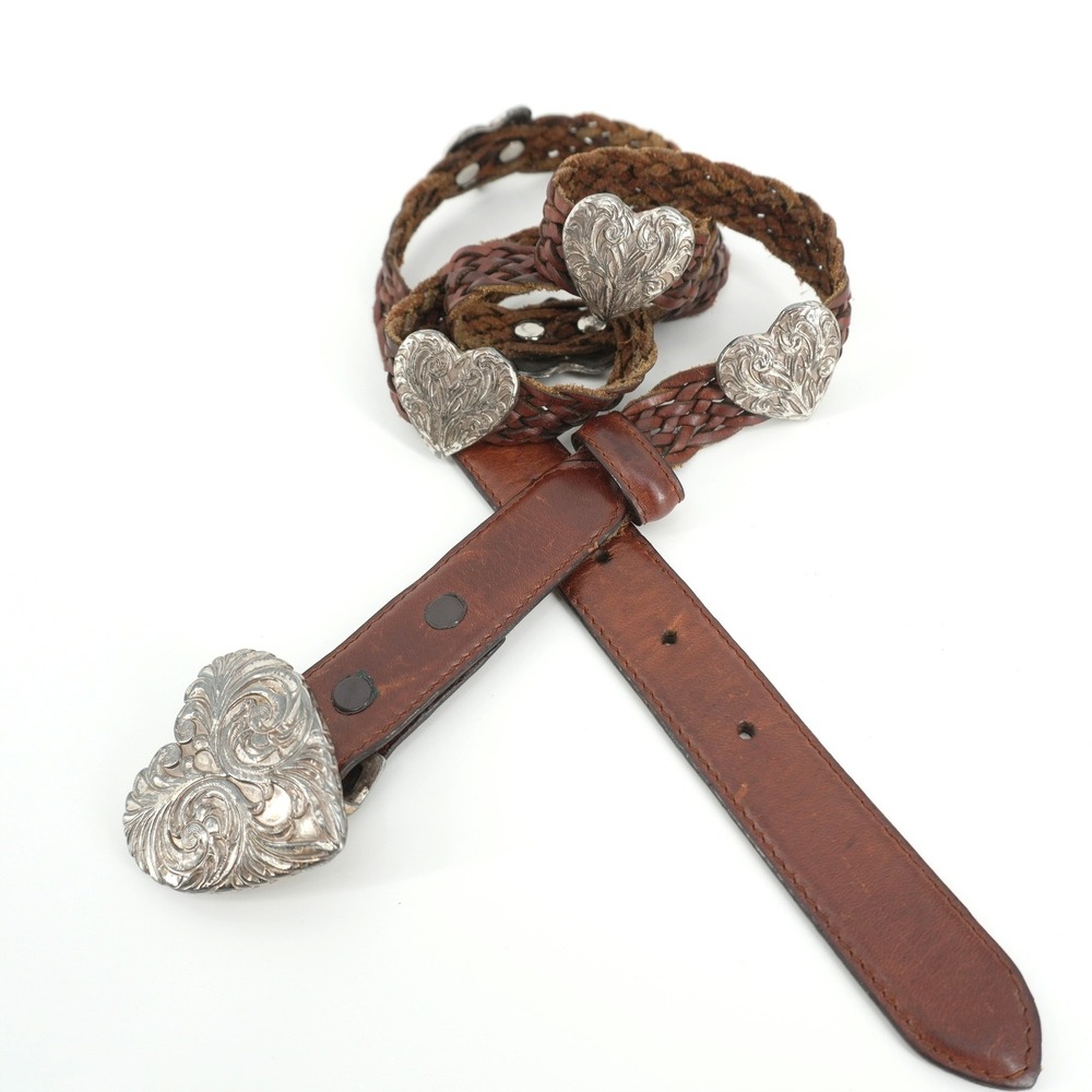 Brighton Braided Leather Belt Womens Small Brown Silver Heart Conchos Western